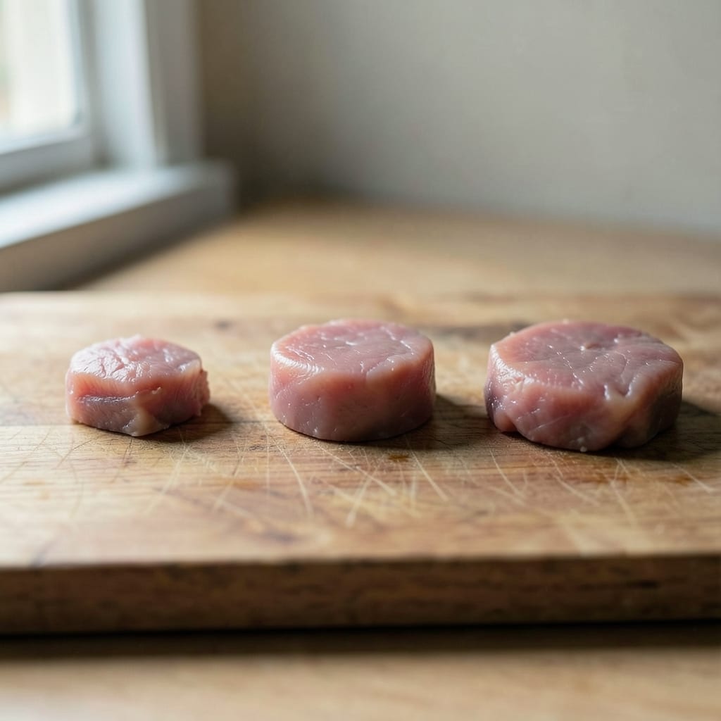 Three chops of different thickness, ready to be tested